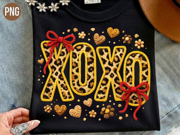 Leopard XOXO Crochet Bow Hearts PNG Design