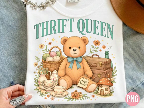 Thrift Queen Teddy Bear Cottagecore PNG: Elevate Your Designs with Whimsical Charm